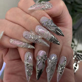 24Pcs Y2K Almond Press on Nails 3D Pink Flowers Stick on Nails Polka Dot Nail Sweet Cool Leopard Print False Nails Metal Nail