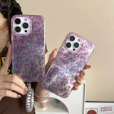 Iridescent Pink Holographic Leopard Print with Wrist Chain Trendy Phone Case for iPhone 16 15 14 13 Pro Max Back Cover Capa