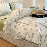 4Pcs Korean Princess Style Floral Ruffles 100% Cotton Bedding Set Queen King Size Duvet Cover Bed Sheet/Fitted Sheet Pillowcases