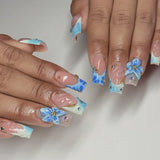 Blue Gradient French Press on False Nail with Glue 3D Sweet Flower Ripple Medium Square Fake Nails Fashionable Fake Nails 24Pcs