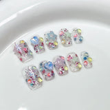 10Pcs Pink Cute Handmade Press on Nails Full Cover Bear Rhinestone Summer French Short False Nails Wearable Manicure Nail Tips