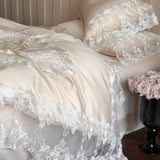 Romantic White Flowers Lace Princess Wedding Bedding Set 100S Egyptian Cotton Duvet Cover Flat/Fitted Bed Sheet Pillowcases 4Pcs