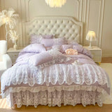 4/6Pcs Pink Princess Wedding Lace Embroidery Korean Style Bedding Set King Queen Size Duvet Cover Bed Skirt Bedspread Pillowcase