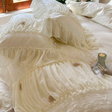 Three-dimensional Rose Lace Ruffles Princess Wedding Bedding Set Egyptian Cotton Duvet Cover Flat/Fitted Bed Sheet Pillowcases