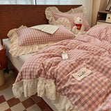 Korean Style Princess Lace Ruffles 100% Cotton Bedding Set Plaid Style Duvet Cover Set Bed Sheet Pillowcases 4Pcs