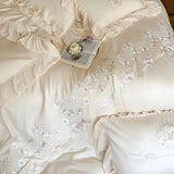 1000TC Egyptian Cotton Flowers Embroidery Lace Ruffles Princess Bedding Set Duvet Cover Flat/Fitted Bed Sheet Pillowcases 4Pcs