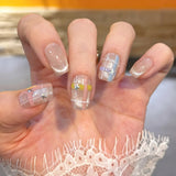 10pcs Colorful Plaid Press on Nails Shiny Cat Eye False Nails Silver Star Nail Cute Sweet Short Square Press on Nails for Girl