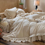 French Vintage Princess Style 4-Piece Bedding Set – Cotton Linen Blend with Lace and Bow Trim, Duvet Cover & Bedspread