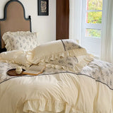 French Washed Cotton Quilt Bedding Set Four-piece Set Super Soft Princess Style Retro Pleated Small Fresh Ruffle Three-piece Set