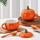 Ceramic Halloween Cartoon Pumpkin Mug Under-glaze Painting Anti-scalding Handle Breakfast Oatmeal Cup Orange with Spoon and Lid