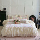 3/4Pcs Rose Flower Print Bedding Set Korean Style Luxury Princess Lace Duvet Cover Bed Skirt Pillowcase 100% Cotton Home Textile