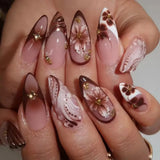 Leopard Print Press on Nails French Acrylic Nail French Design Press on Nails Leopard Print Gold Beads Nails Set Press on Almond
