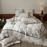 600TC Egyptian Cotton Bedding Set French Vintage Rose Butterfly Embroidery Lace Ruffle Duvet Cover Set Bed Sheet Pillowcase 4Pcs