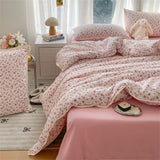 INS Girls Cherry Soft Bedding Set Washed Cotton Bed Sheet Queen King Size Duvet Set Flower Comforter Set Pillowcase Bed Linens
