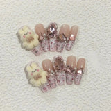 10Pcs Pink Coffin Handmade Press On Nails 3D Rhinestone Fake Nail with Butterfly Full Cover Pearl Wearable Artificial Nail Tips