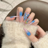 Press On Acyrlic Nails Pink Blue Gradient Fake Nails 3D Crystal Butterfly Decor Handmade False Nails Long Almond Full Diamonds
