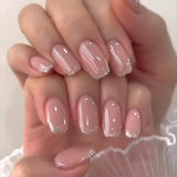 24Pcs Short Square Coffin White Border False Nails with Glue French Glitter Wearable Ballerina Design Nails Press on Nail Tips