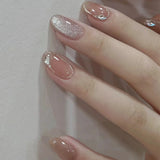 24Pcs Nude Pink Nail Tips Short Round Head False Nails with Design Wearable Finished Fake Nails Full Cover Press on Nails