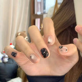 10pcs Short Ballet Handmade False Nails Blue Cat's Eye Fake Nail Tips with Glitter Flower Design Press on Nails Black Manicure