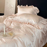 800TC Lyocell Bamboo Fiber Soft Silky Bedding Set Rose Floral Embroidery Lace Ruffles Duvet Cover Flat/Fitted Sheet Pillowcases