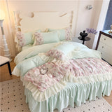 3/4Pcs Princess Style Pink Floral Print Lace Ruffle Boiled Cotton Bed Set Queen Size Double Bed Linen Full-Size For Room