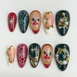 24pcs Round Head Almond False Nails Christmas Glitter Red Full Cover Nail Tips Fashion Snowflake Design Long Press on Fake Nails