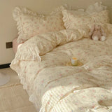 Romantic Spring Pink Cry Floral Cotton Double Layered Four Piece Bedding Set Gentle Aosphere Girl's Lace Trim Bedding