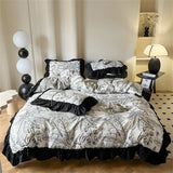 Washed Cotton Bedding Sets With Lace Black Printed Four Piece Set Bedroom Decor Duvet Cover Pillowcase Bedspread Bed Cover Sets