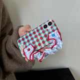 Classic Senior Korean Woven Pattern Phone Case with Colorful Ball Lattice Wristband for iPhone 17 16 15 14 13 Pro Max Back Cover