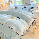 Korean Princess Style With Black Bow Lace Ruffles Pleat Milk Velvet Bedding Set Bedroom Decor Duvet Cover Bed Sheet Pillowcase