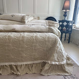 Flowers Prints Pleated Ruffles Princess Bedding Set 100% Cotton Double Layer Yarn Duvet Cover Quilted Bedspread Pillowcases 4Pcs