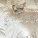1000TC Egyptian Cotton Flowers Embroidery Lace Ruffles Princess Bedding Set Duvet Cover Flat/Fitted Bed Sheet Pillowcases 4Pcs