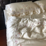 800TC Lyocell Bamboo Fiber Soft Silky Bedding Set Rose Floral Embroidery Lace Ruffles Duvet Cover Flat/Fitted Sheet Pillowcases