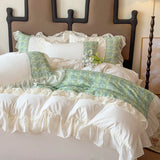 4Pcs Korean Princess Style Luxury Haute Couture Chiffon Lace Ruffle Queen/King Size Quilt Cover Bed Skirt Double Bedspreads