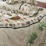 Vintage Floral Embroidery Cotton Linen Blend Bedding Set Ruffle Lace Edge Duvet Cover Flat/Fitted Bed Sheet Pillowcases 4Pcs