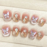 10Pcs Cat Eye Handmade Press On Nails French flash Rhinestone Fake Nail with Butterfly Full Cover Wearable Artificial Nail Tips