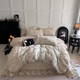 Flowers Prints Pleated Ruffles Princess Bedding Set 100% Cotton Double Layer Yarn Duvet Cover Quilted Bedspread Pillowcases 4Pcs