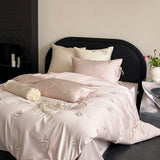 Pink Flowers Embroidery Bedding Set Egyptian Cotton Single Queen King Size Duvet Cover Flat/Fitted Bed Sheet Pillowcases 3/4Pc
