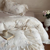 Vintage French Lace Flower Prints Bedding Set 100% Cotton Double Yarn Soft Duvet Cover Flat/Fitted Bed Sheet Pillowcases 4Pcs