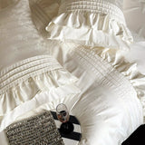 4Pcs Vintage Rose Jacquard Egyptian Cotton Ruffles Bedding Set Queen King Size Duvet Cover Bed Sheet/Fitted Sheet Pillowcases