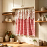 Bohemian Crochet Tassel Flat Curtain Design,Two Tone Red Checkered Pattern Curtain Fabric For Living Room And Bedroom Window