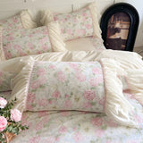 3/4Pcs Rose Flower Print Bedding Set Korean Style Luxury Princess Lace Duvet Cover Bed Skirt Pillowcase 100% Cotton Home Textile