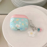 Pink Cover Blue Flower + Pendant Suitable for Apple for Airpodspro2 Case/For Airpodspro Case/For Airpods4 Case/For Airpods3 Case/For Airpods2 Case/Fashion Women's Headphone Case/Casual Headphone Case