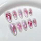 10Pcs Almond Handmade Press On Nails Bowknot Fake Nail Full Cover Metallic Glitter Spice Girl French Design Manicure False Nails