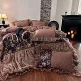 Vintage Flower Prints Organza Lace Ruffles Egyptian Cotton Bedding Set Duvet Cover Bed Sheet/Bed Skirt/Fitted Sheet Pillowcases