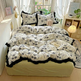 New French Lace Wash Quilt Cover Korean-style Romantic Herben-style Black Print Four-piece Set Skin Friendly Bedding Set
