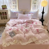2025 spring and summer new Korean lace bow four-piece princess style lace washed cotton girl heart pink