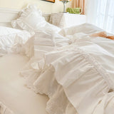 4Pcs White Korean Princess Style 100% Cotton Bedding Set Double Layer Lace Ruffles Duver Cover Bed Skirt Bedspread Pillowcases
