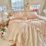 3/4Pcs Bedding Set French-Inspired, Girly, Princess-Style Bows and Lace Pink Duvet Cover Pillowcase Bedding Full Set Double Bed