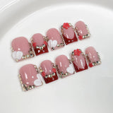 10Pcs Pink Handmade Press On Nails Full Cover Bear Heart Design Short Round Rhinestone False Nails Wearable Manicure Nail Tips